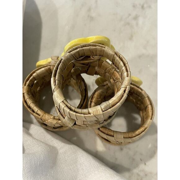 Floral Hand Hibiscus Beach Ceramic Rattan Napkin Rings 6 Party Table Setting - Picture 4 of 5